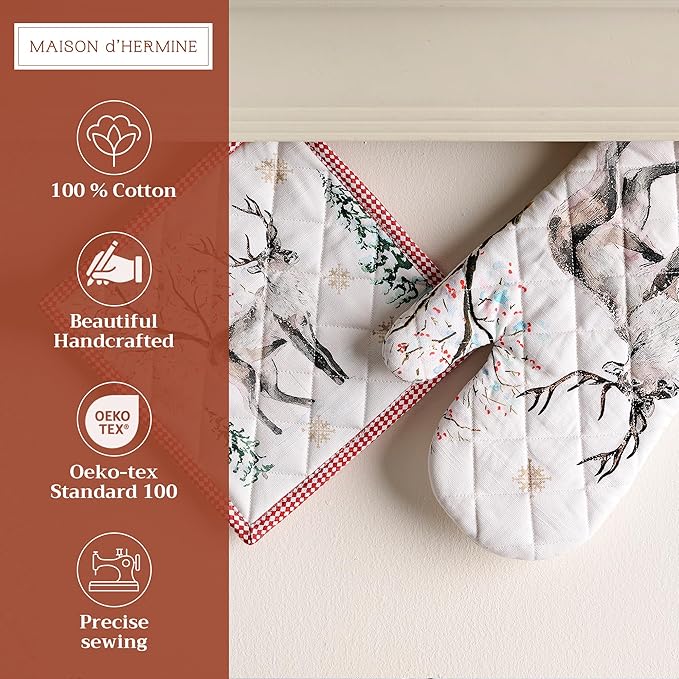 Maison d' Hermine 100% Cotton Oven Mitt & Pot Holder Set (7.5"x13" & 8"x8") Heat Resistant BBQ Cooking Gloves with Loop for Thanksgiving Christmas Decorations Handling Hot Pans (Rural Christmas)