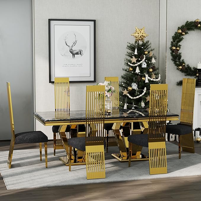 Dining Chairs Set of 2, Black and Gold Dining Room Chairs, Upholstered Dining Chairs with Polished Metal Legs and High Back