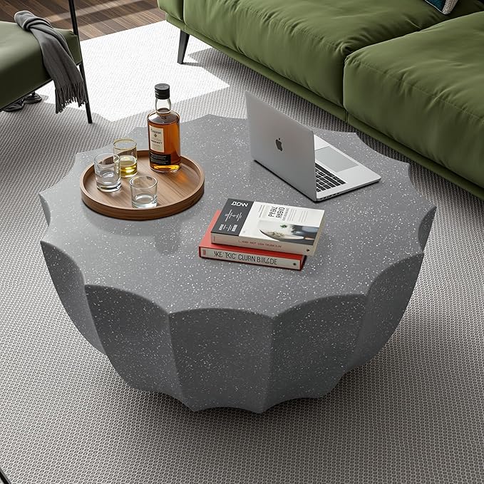 35" Outdoor Round Coffee Table Modern Stylish Design Waterproof & Moisture-Proof No Assembly Required Outdoor Coffee Table for Patio, Garden, Backyards - US Warehouse (Grey)