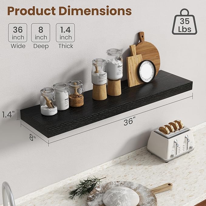 36 Inch Floating Shelves for Wall, 8 Inch Deep Floating Shelf for Storage & Display, Rustic Wall Mounted Shelf with Invisible Brackets for Living Room, Kitchen, Bathroom, Home Decor, Set of 2, Black