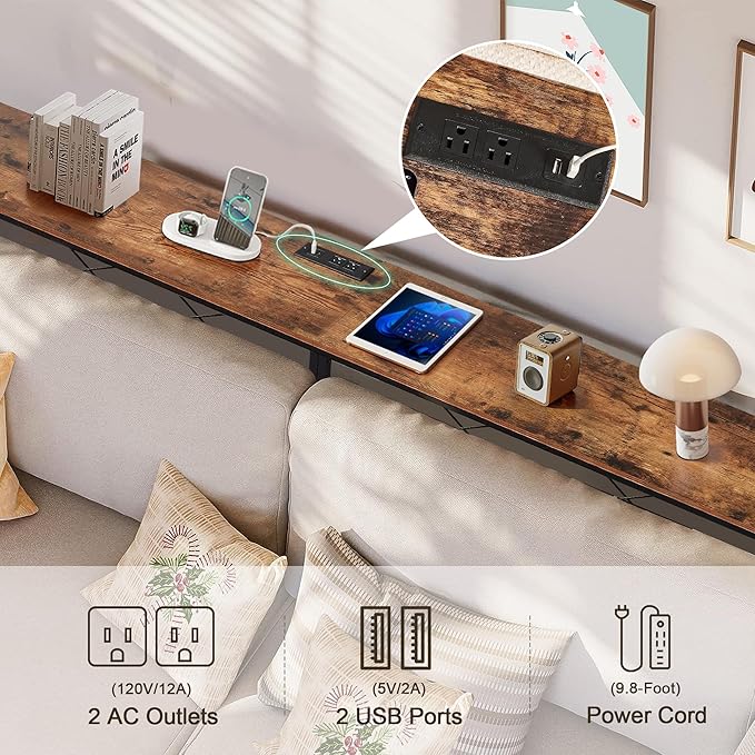 VECELO 39.4In Narrow Sofa/Console Table with Charging Station & Power Outlet and USB Ports, for Entryway, Living Room, Office, Industrial, Metal Frame, Brown