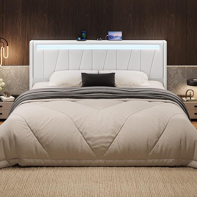 SHA CERLIN King Size Bed Frame with Charging Station and LED Lights, Modern Velvet Platform Bed with Upholstered Geometric Wingback Headboard, No Box Spring Needed, Easy Assembly, White