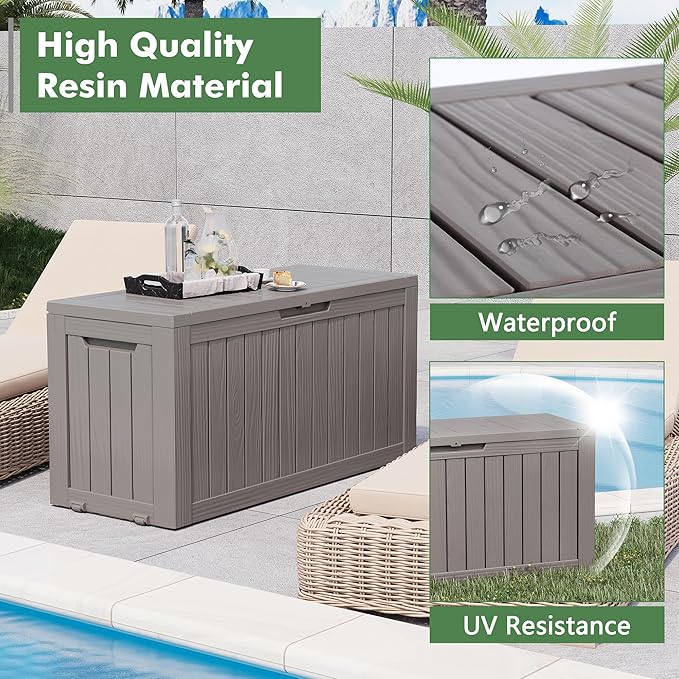 Outdoor Storage Box, Resin Deck Boxes Indoor and outdoor, Waterproof Storage Box Lockable Lid (Grey, 73 Gallon)