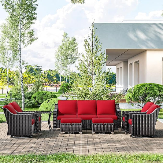 8 Pieces Wicker Patio Furniture, Luxury Outdoor Furniture with 2 Patio Swivel Chair, 2 Patio Chair, 3-Seater Sofa, 2 Patio Ottoman and 1 Side Table, Wide Armrest, Thickened Cushions