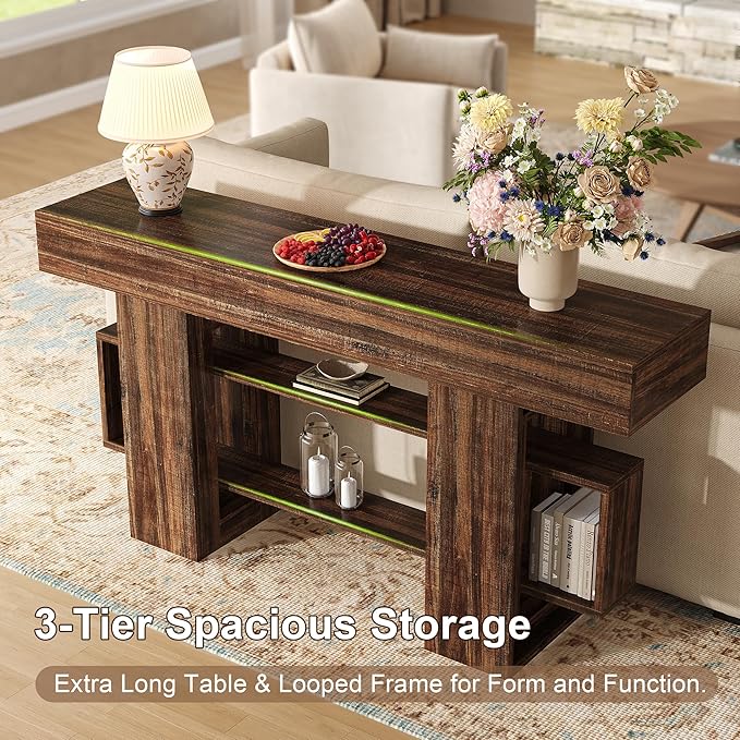 Feonase 63 Inches Long Console Table for Entryway, Wooden Sofa Table Behind Couch with 3-Tier Storage, Farmhouse Narrow Entry Hallway Table for Living Room Foyer Entrance, Rustic Brown