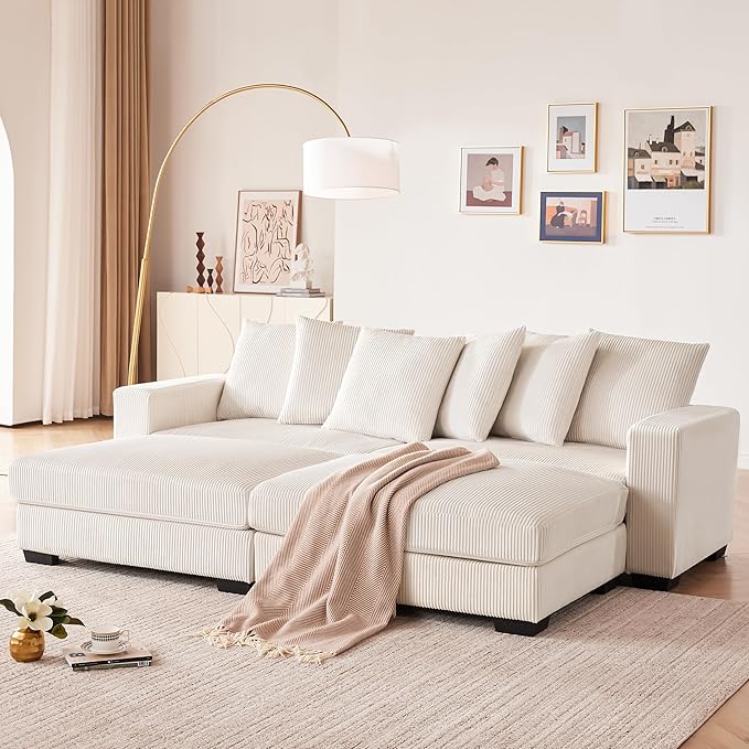 101.6" Deep Seat Corduroy Sectional Couches for Living Room, Comfy Upholstered Modular Sectional Sofa Bed, Cloud Couch with Thickened Cushions Widened Armrests,2 Seats + 2 Ottoman, Beige