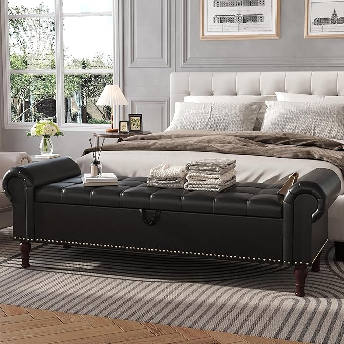 Apicizon 60” Bench with Storage, Queen Size Faux Leather End of Bed Bench with Tufted Button, Ottoman Bench with Rolled Arms & Vintage Rivets for Foot of Bed, Living Room, Entrance, Black