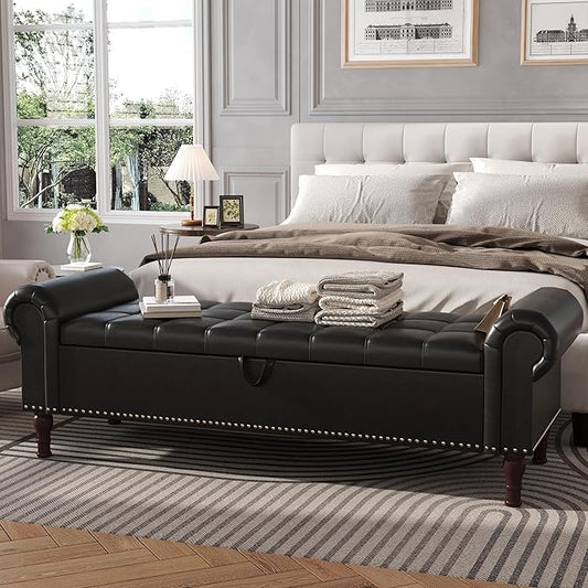 Apicizon 60” Bench with Storage, Queen Size Faux Leather End of Bed Bench with Tufted Button, Ottoman Bench with Rolled Arms & Vintage Rivets for Foot of Bed, Living Room, Entrance, Black