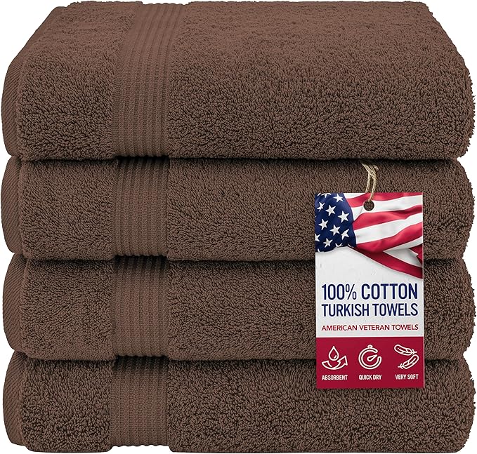 American Veteran Towel, 100% Cotton Turkish Bath Towels for Bathroom 4 Pack, 27x54 Extra Large Premium Soft Drying Bathroom Towels, Brown