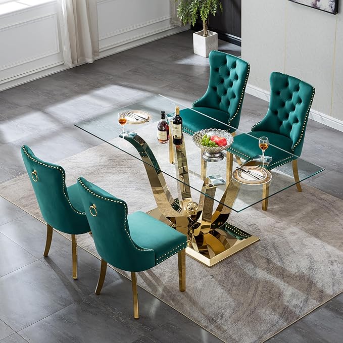 70" Modern Gold Glass Dining Table Set for 4, 5-Piece Rectangle Kitchen Dining Room Table Set with Steel Base & 4 Green Velvet Upholstered Chairs, Modern Glass Kitchen Table and Chairs Set of 4