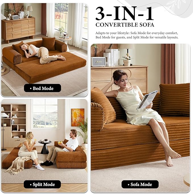 Boneless Couch Sofa Bed Sectional Couches for Living Room,Futon Cloud Couch with Sleeper Sofa,Sofas for Living Room Oversized Corduroy Upholstered (Orange)