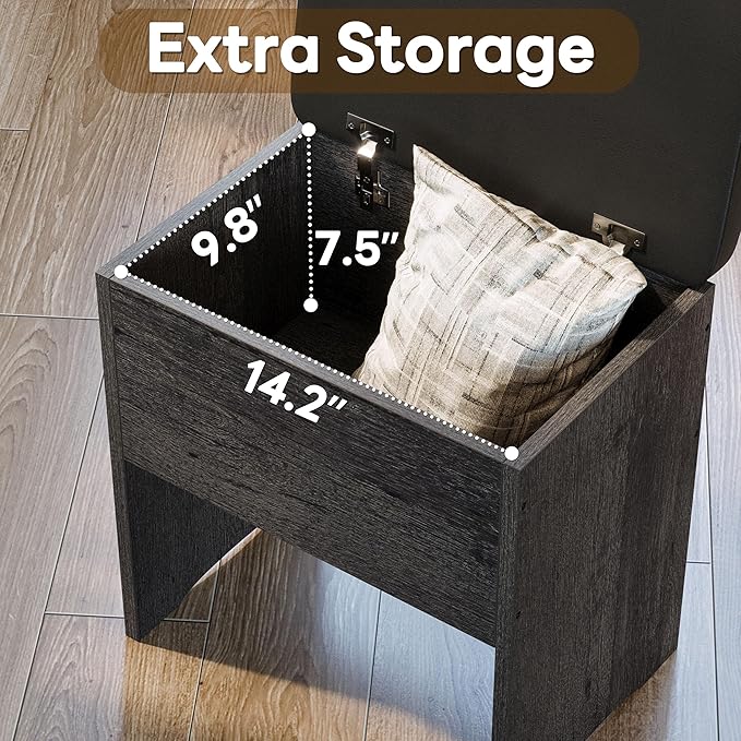 LIKIMIO Small Makeup Vanity Desk with Mirror and Lights, Vanity Table Set with Storage Drawer, Chair and Three Shelves, Bedroom, Charcoal Grey