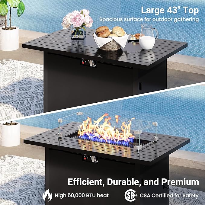 8 Pieces Outdoor Patio Furniture Set with 43" Fire Pit Table, Wicker Outdoor Patio Sectional Sofas with Coffee Table and Cushions, All-Weather Patio Conversation Set for Backyard Garden, Light Blue