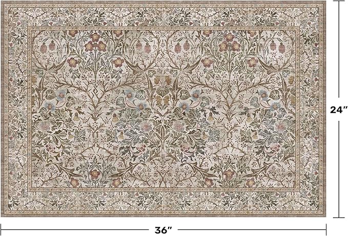 Moss Green Washable 2x3 Entry Rug - Front Door Rugs Indoor, Vintage Floral Style Small Rug for Kitchen, Bathroom, Non-Slip Boho Vintage Dark Taupe Entryway Décor