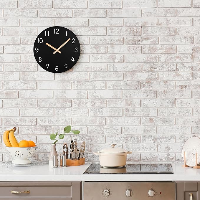 Plumeet 16'' Extra Large Wall Clock Frameless Wooden Clocks with Silent Quartz Movement - Modern Style Village Wall Clocks Decorative Home Kitchen - Battery Operated (Black)