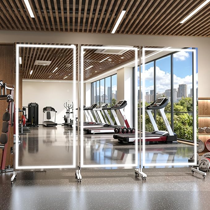 Hasipu Home Gym Mirror with Light 360° Swivel on Wheels, 67" x 40" Extra Large Full Length Rolling LED Mirror for Yoga Studio, Bedroom, Dancing Studio, White