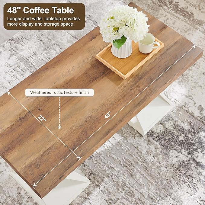 OKD Modern Coffee Table, 48" Twisted Center Table with Wood Thickened Pedestal, Rectangular Rustic Living Room Table, Farmhouse Storage Low Cocktail Tea Table, Antique White