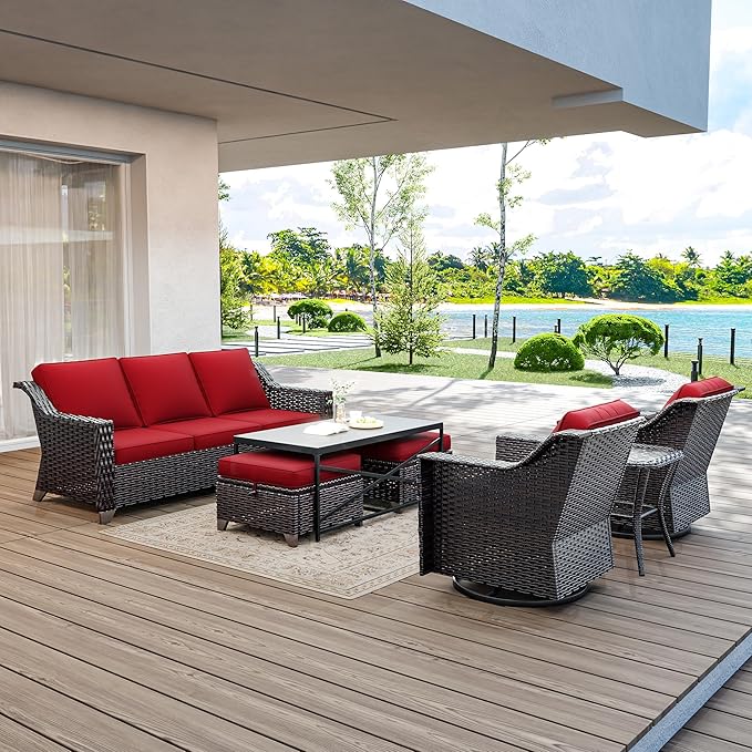 7 Pieces Wicker Patio Furniture, Luxury Outdoor Furniture with 2 Patio Swivel Chair, 3-Seater Sofa, 2 Patio Ottoman, 1 Coffee Table and 1 Side Table, Wide Armrest, Thickened Cushions