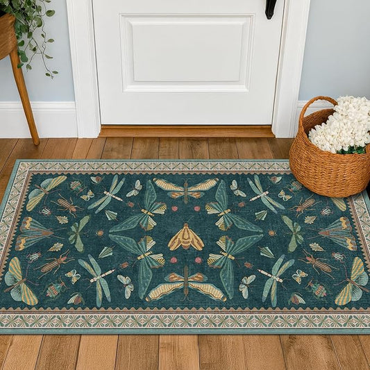 Emerald Green Entry Rugs for Inside House - 2x4 Kitchen Rugs Non Slip for Bathroom, Powder Room, Vintage Unique Colorful Décor, Washable Stain & Fade Resistant