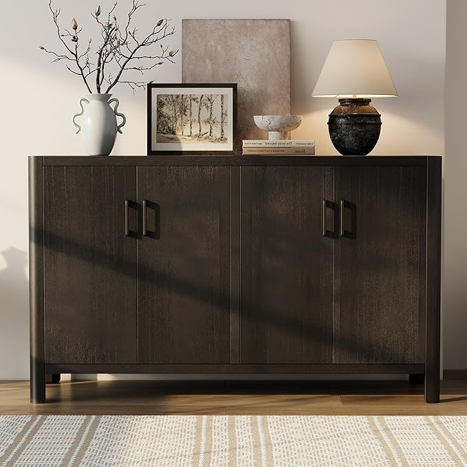 Farmhouse Wood 4-Door Cabinet Sideboard with Smooth Rounded Corners, Rustic Accent Entryway Console Table for Hallway Living Room Dining Room