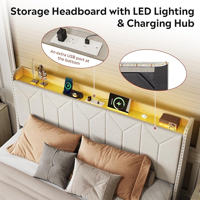 WLIVE Queen Size Upholstered Bed Frame with 2 Drawers, Linen Tufted Storage Headboard with Charging Ports and LED Light, Sturdy Metal & Wooden Slats Support, No Box Spring Needed, Beige