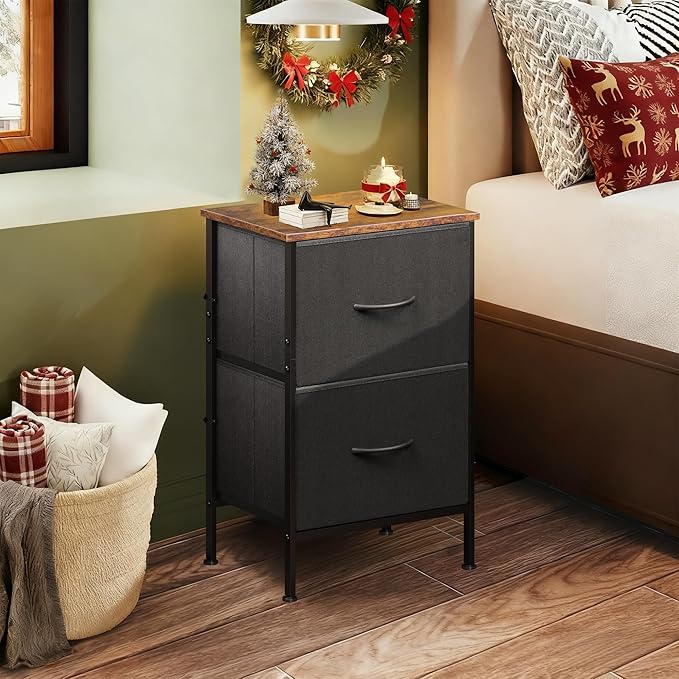 WLIVE Nightstand, Nightstand with 2 Drawers, Bedside Furniture, Night Stand, Small Dresser for Bedroom, College Dorm, End Table with Fabric Bins, Dormitory, Black and Rustic Brown, Size L
