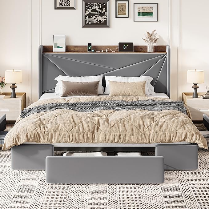 SHA CERLIN King Size Bed Frame with 3 Drawers, USB & Type-C Charging Ports, Velvet Upholstered Platform Bed with Modern Geometric Wingback Storage Headboard, No Box Spring Needed, Easy Assembly, Grey