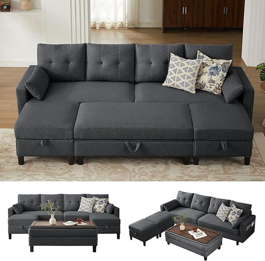 101" Convertible Sectional Sofa with Ottoman Coffee Table, Modern Linen Fabric U-Shaped Couch with Storage Pocket, 4 Seat Sofa Couches for Living Room, Apartment, Office, Darkgrey