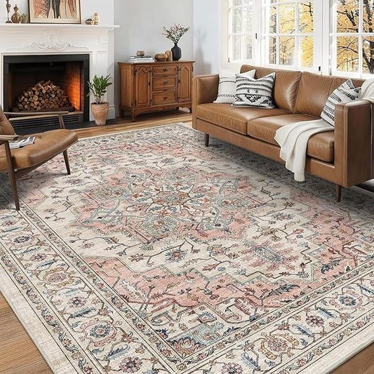 5x7 Area Rugs for Living Room Ultra-Soft Washable Rug Vintage Distressed Boho Area Rug, Non-Slip Retro Print Low Pile Stain Resistant Carpet for Bedroom Dining Room Kitchen Office