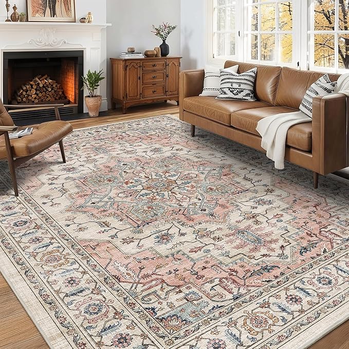 6x9 Area Rugs for Living Room Ultra-Soft Washable Rug Vintage Distressed Boho Area Rug, Non-Slip Retro Print Low Pile Stain Resistant Carpet for Bedroom Dining Room Kitchen Office