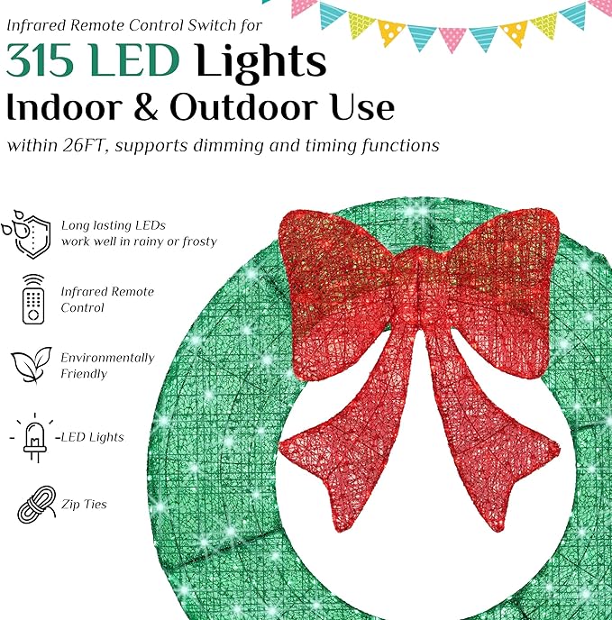 Sweetcrispy 48in Pre-Lit Christmas Wreath, LED Lighted Holiday Outdoor Decoration with Bow for Door, Mantel, Wall, Windows, Front Door Decor, Green Wreath - Red Bow
