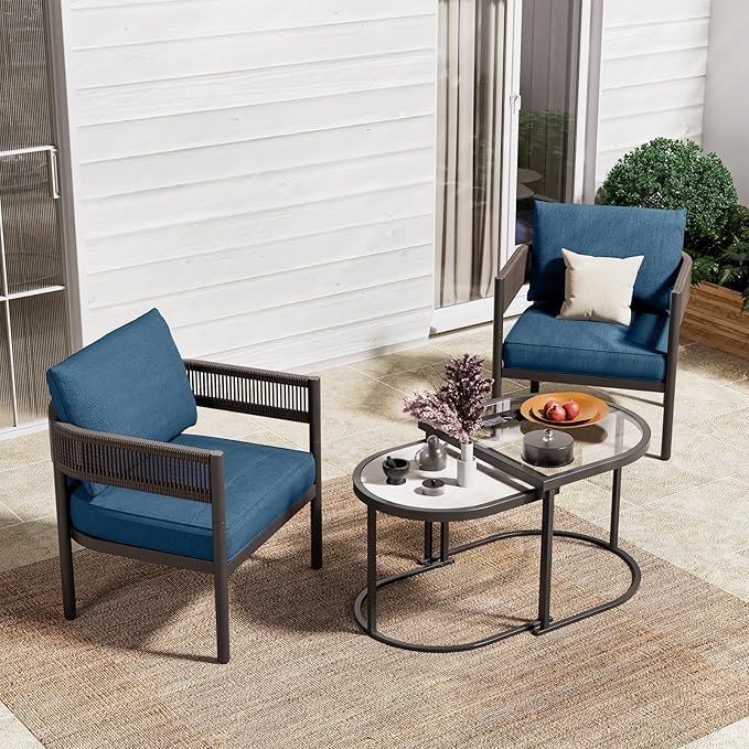 Grand patio 4-Piece Outdoor Conversation Set with 2 Single Chairs and 2 Patio Coffee Tables, Wicker Furniture Set, Peacock Blue