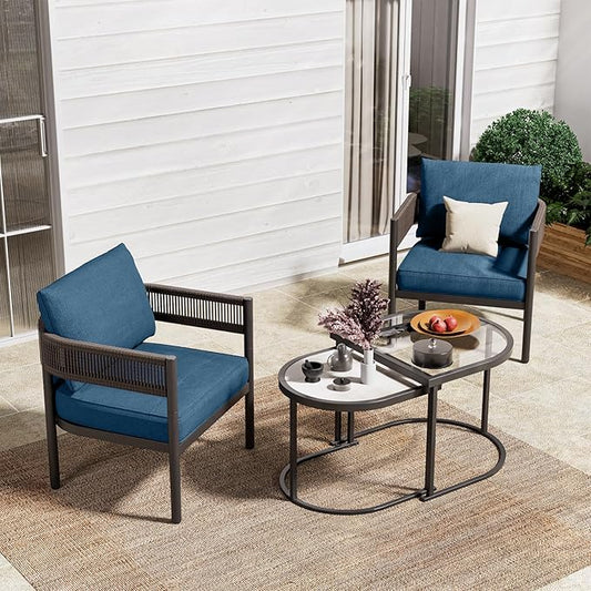 Grand patio 4-Piece Outdoor Conversation Set with 2 Single Chairs and 2 Patio Coffee Tables, Wicker Furniture Set, Peacock Blue