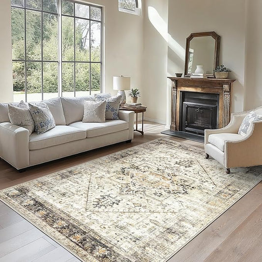 AMADA HOMEFURNISHING 6x9 Area Rugs, Blue Low-Profile Washable Rug with Non-Slip Backing & Durable Edge Binding, Vintage Rugs for Living Room, Bedroom, Dinning Room