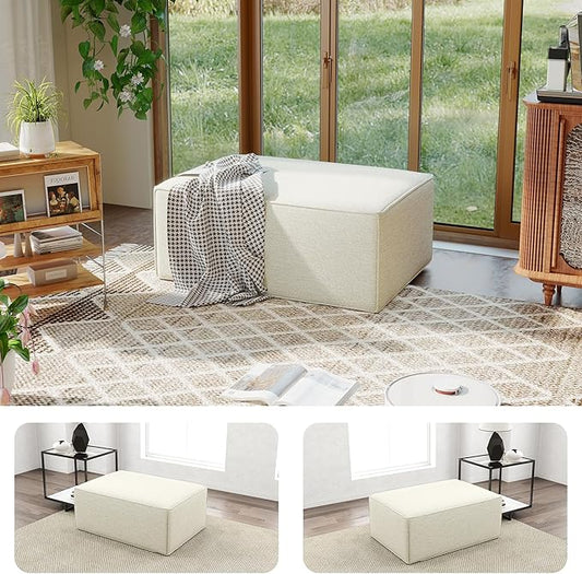 38“ Modular Sectional Sofa Convertible Cube Compressed Couch Seat Set, Combine L-Shaped U-Shaped, Free Assembly, Space-Saving for Living Room, Thick Foam Fabric Chenille Beige White (Only Ottoman)