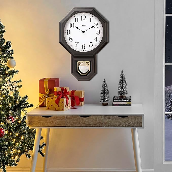 CLXEAST Pendulum Wall Clocks for Living Room Decor, Large Schoolhouse Regulator Clock with Pendulum,Oil Rubbed Bronze Black Plastic,House Warming Gifts New Home,12" W x 17" H