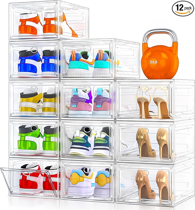 12 Pack Clear Shoe Storage Organizer with Magnetic Door,Stackable Plastic Shoe Boxes for Sneakers,Boots,and Heels,Space-Saving Foldable Shoe Rack for Closet,Durable Shoe Cabinet Organizer,White