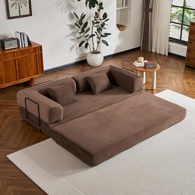 Convertible Folding Couch Bed, Comfy Corduroy Sleeper Floor Sofa Bed with Fixed-Shape Frame, Floor Sofa with Armrest, Lounge Couch for Living Room Bedroom Lounge Studio, Dark Brown