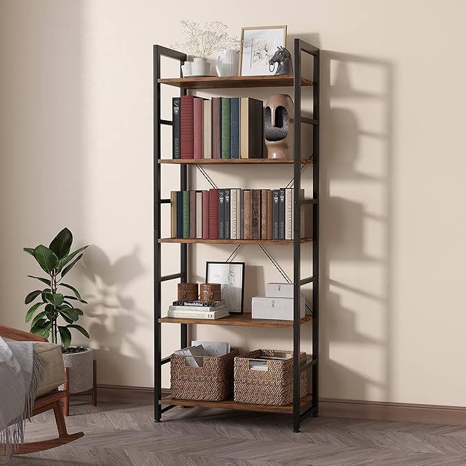 24" Bookshelf, 5-Tier Ladder Shelf, Industrial Bookcase, Wooden and Metal Storage Rack, Shelving Unit for Living Room Entryway Office, Rustic Brown Book Shelves