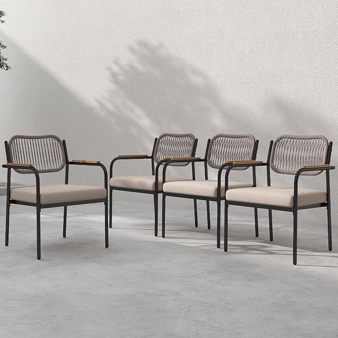 Outdoor Dining Chairs Set of 4, Wicker Patio Dining Chairs with Removable Cushions, Rectangle Patio Table Chair, All Weather Outdoor Chairs, Metal Lawn Chair for Adults/Indoor/Deck, Beige