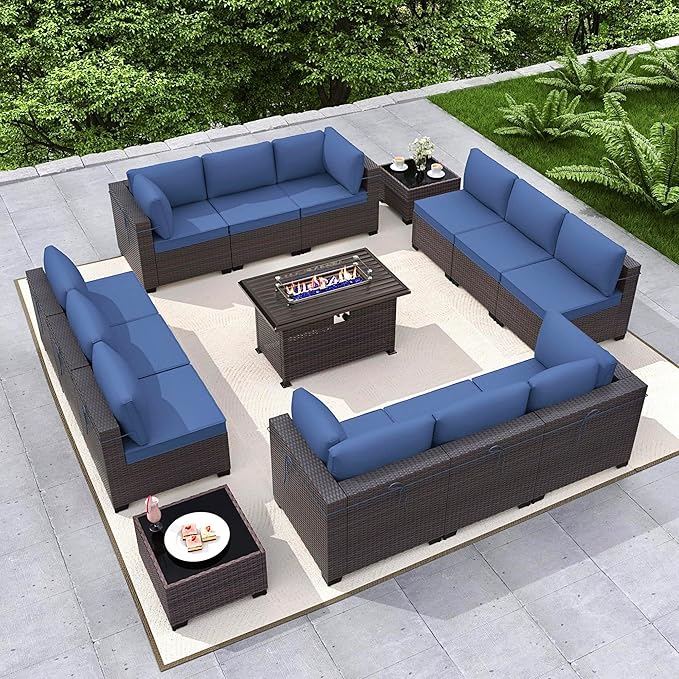 Gotland 15 Pieces Patio Furniture Set with Fire Pit Table, All Weather Rattan Outdoor Furniture with 29.5'' High Backrest 4’’ Thick Cushions Coffee Table, Patio Set for Porch, Deck, Backyard, Navy