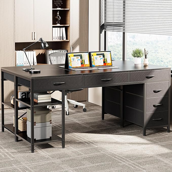 Huuger Computer Desk with 6 Drawers, 63 Inch Office Desk with Shelves, Reversible Gaming Desk, Corner Desk with Storage, for Home Office, Study, Living Room, Black