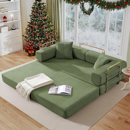 Antetek Convertible Futon Sofa Bed, 3-Seater Modern Corduroy Foam Floor King Size Bed Fold Out Sleeper Lounge Loveseat Sofa Couch with 2 Throw Pillows for Living Room Bedroom Guest Room, Army Green