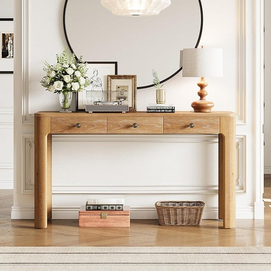 52“ Rustic Console Table with Curved Corners for Safety, Entryway Table with 3 Concealed Drawers, Sturdy Sofa Table with Thick Legs for Hallway & Living Room(Natural)