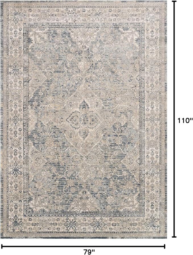 Loloi Teagan Collection TEA-04 Sky/Natural 6'-7" x 9'-2" Area Rug, Large, Soft Neutral Rug, High-Traffic for Living Room, Bedroom, Home Office, Dining Area