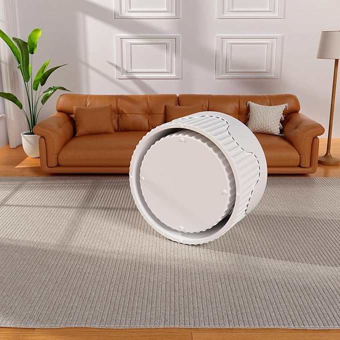 Round Nesting Coffee Table Set of 2, Round Fluted Coffee Tables for Living Room Modern Nesting End Side Tables for Small Spaces (E White)