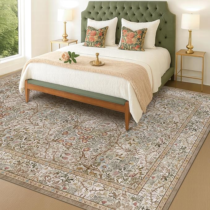 Washable 9x12 Living Room Rug - Moss Brown Floral Area Rug for Dining Room Under Table, Low Pile Non-Slip Floor Carpet for Bedroom Under Bed - Vintage Taupe Olive Design & Stain Resistance