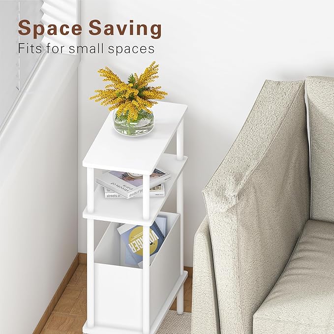 Narrow Side Table with Fabric Basket, End Table for Small Spaces, Slim Nightstand with 3-Tier Storage Shelf, Sofa Beside Table, for Living Room, Bed Room, Natrual White