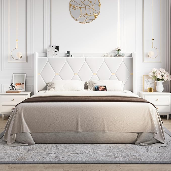 Allewie Velvet King Size Upholstered Bed Frame with Wingback Storage Headboard & Charging Station, Platform Bed with Diamond Tufted Design & Gold Trim, No Box Spring Needed, Easy Assembly, White