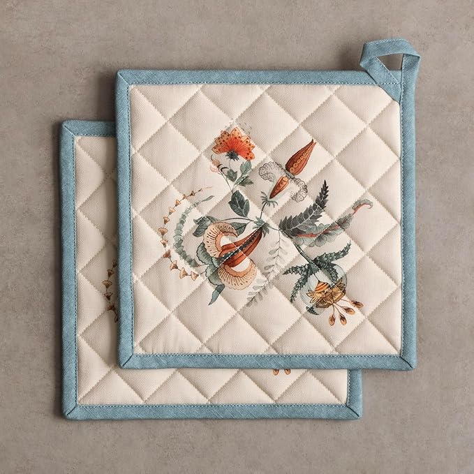 Maison d' Hermine Pot Holders Set 100% Cotton Heat Resistant Potholders 8" x 8" Hot Pads with Loop for Thanksgiving Christmas Decorations BBQ Cooking Baking Handling Hot Pans (Pack of 2, Dalida)
